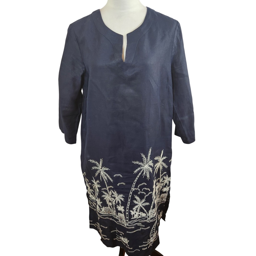 Talbots Womens Medium Blue Linen Tunic Dress Tropical Palm Tree Embroidered Bead